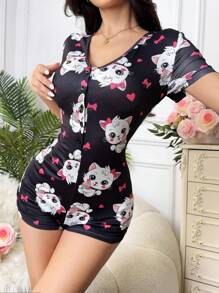 Women's Heart Cat Graphic Short Sleeve Button-Up Casual Pajama Jumpsuit