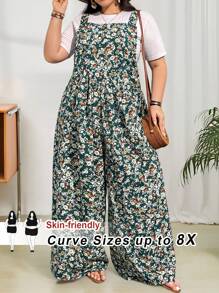 SHEIN CURVE+ Women's Plus Size Floral Print Jumpsuit, Vacation, Casual Boho Vacation