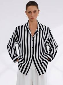 Aveloria Modichic Camisa elegante de manga longa com listras pretas e brancas, cintura e punhos ajustáveis, de estilo minimalista e versátil para uso no dia a dia e em ocasiões elegantes - Preto e Branco - Visão 4