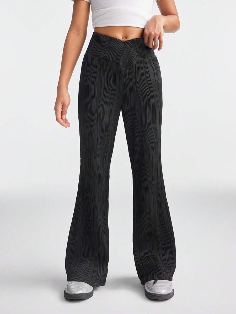 SHEIN Tween Girls Baby Spring/Summer Elastic Waistband Pleated Black Petite Bell Bottoms - Black - View 1