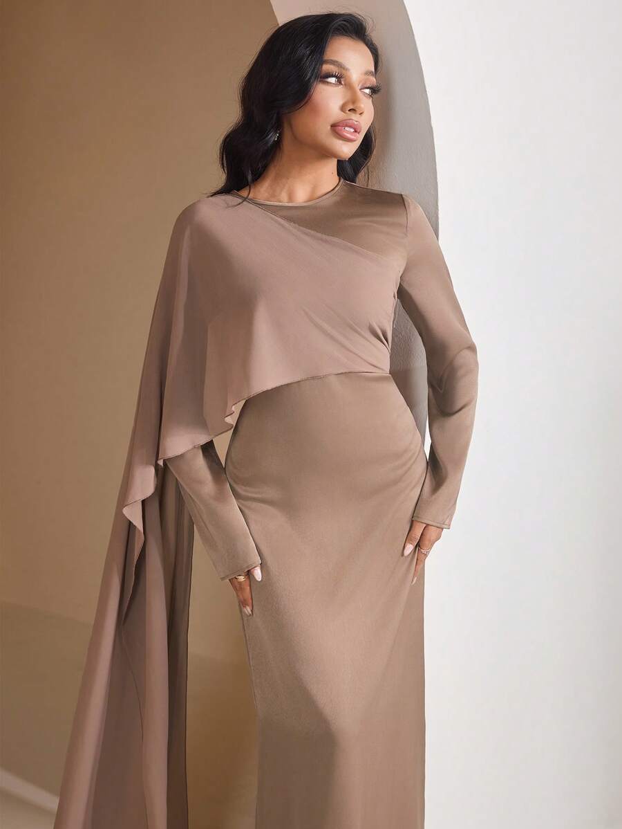 Veilorie Elegant Women's Solid Color Extra Long Arabian Style Dress,Modest - Khaki - View 1