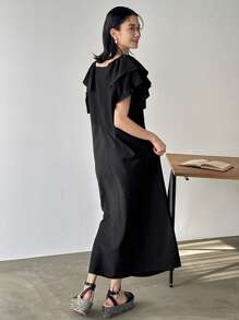 Women's Long Black Dress, Formal Guest Dress For Wedding, Vacation Attire For Women,Ruffle - Black - View 4