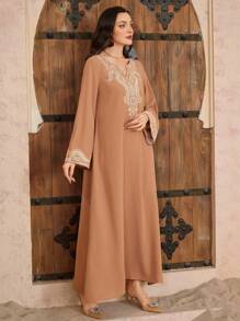 Al Najma Embroidered Long Sleeve Robe, Casual & Fashionable For Everyday Wear, Modest Kaftan - Brown - View 7
