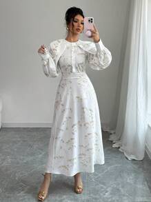 Elenzga Sukienka w stylu vintage z nadrukiem w kształcie latarni, ściągana w talii i luźna, odpowiednia na Eid, randkę, imprezę, walentynki - Biały - Zobacz 4