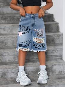 SHEIN Tween Girls Stylish Vintage Washed Smiling Face & Heart Graffiti Pattern Ripped Frayed Loose Fit Baggy Blue Denim Long Shorts ,For Girls Streetwear Outfits And Spring/Summer Clothes
