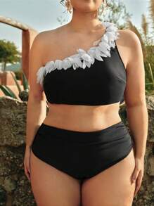 Swim Chiccia 2 件大码女式纯色露背雪纺荷叶边上衣和高腰褶皱三角裤比基尼套装，适合夏季海滩度假 - 黑與白 - 查看 4