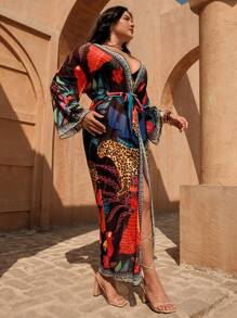 Swim Oasis 大码女式和服，豹纹与抽象叶印花，度假氛围