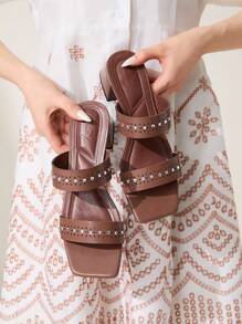 CUCCOO CHICEST Women's Laser Cutout Flower, Rhinestone Embellished Thick Block Heel Open Toe Strap Sandals, Brown - Brown - View 2