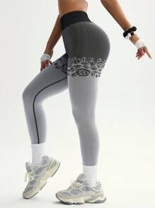 SHEIN Women's Floral Print Casual Fitness Leggings - Black and White - View 4