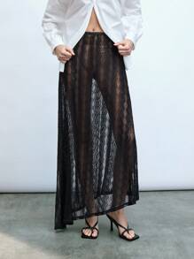 Maija Falda evasé asimétrica de encaje negro semi transparente, diseño de moda, elegante para mujer, adecuada para verano, playa y festivales - Negro - Ver 5