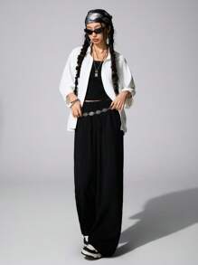 SHEIN Tween Girls Spring White/Black Blouses&Vest& Wide Leg Sweatpants Sets,3pcs