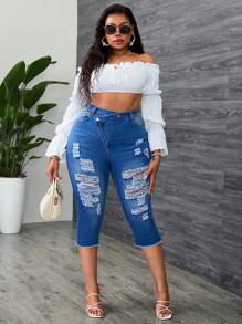 SHEIN SXY Plus Size Women Elastic Personalized Asymmetric Waist Sexy Ripped Capri Jeans