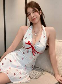 DAZY Vestido ajustado de playa con estampado de cerezas para mujer, vestido corto de verano con cuello halter, espalda descubierta, colorblock, moño, nudo y estampado floral para crucero y paseos
