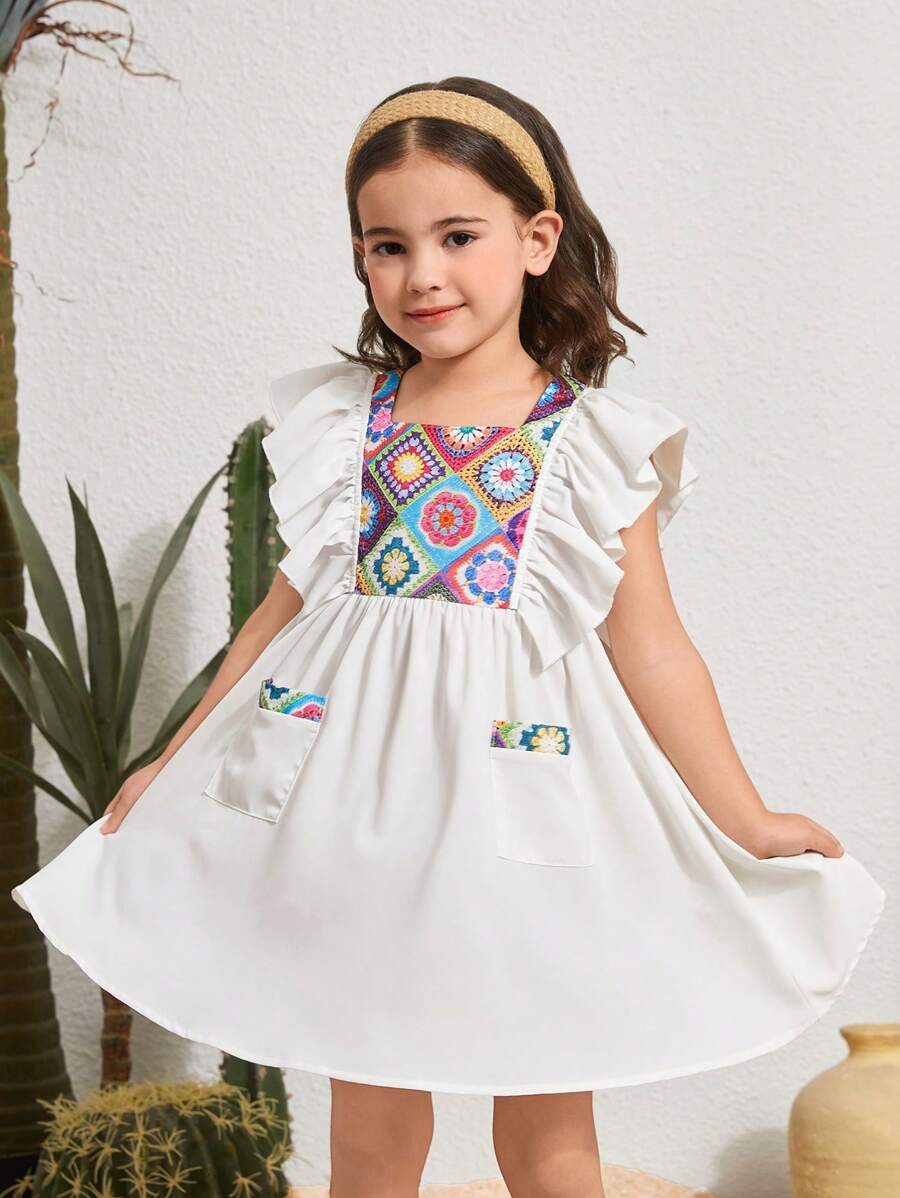 Vestido ajustado con estampado de parche de volantes de unicolor tejido, cuello cuadrado para niña joven - Blanco - Ver 1
