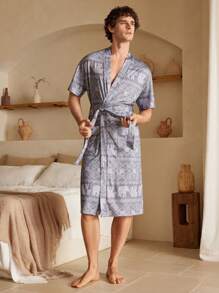 Men's Simple Fashion Casual Short Sleeve Robe - Light Grey - View 1