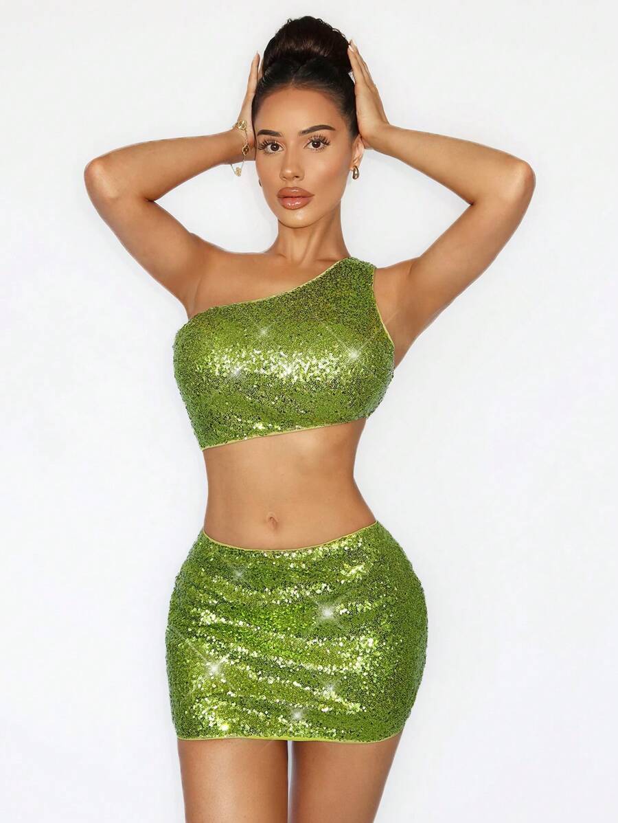Zolique Green Sequin Asymmetric Shoulder Design Crop Top And Ultra-Short Mini Skirt Sexy 2 Pieces Outfit - Green - View 1