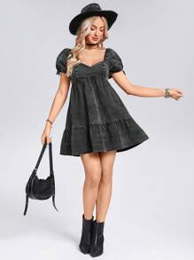 Wildy Summer Western Rave Outfit Concert Outfit Women Women's Summer Puff Sleeve Square Neck Fitted Washed Denim Short Skater Dress