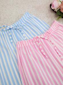 RueChic Cotton Women 2 Packs Contrast Colour Striped Pattern With Fake Drawstring Detail Homewear Lounge Set