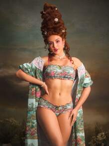 PinupGlam Retro Figured Thin Strap & Ruffled Trim Women Underwear Lingerie Set