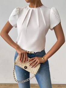 RosyDaze Women's Elegant Casual Solid Color Lace Patchwork Pleated Collar Lantern Sleeve Blouse - White - View 3