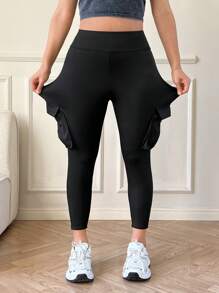 SHEIN EZwear Plus Size Solid Color Minimalist Pocket Leggings, Casual For Daily Wear,Spring Summer Clothes - Black - View 5