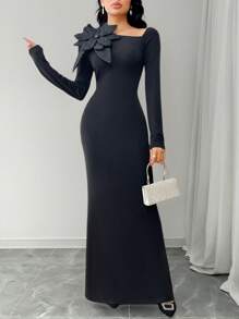 Modelyn Vestido de manga larga elegante de unicolor con aplicación floral y cuello asimétrico para mujer - Negro - Ver 5