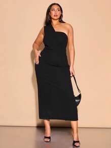 SHEIN BAE Plus Size Women's Elegant Asymmetric One-Shoulder Long Black Dress, Sexy, Formal Occasion, Bridesmaid, Graduation, Spring/Summer,Birthday Dresses For Women