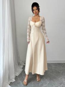 Modelyn 女士编织粉色腰部收紧 A 字形撞色蕾丝长袖连衣裙 - 杏色 - 查看 3