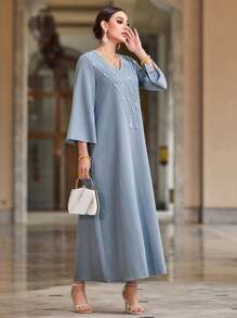 Al Najma 手工缝制串珠装饰舒适长袖超长连衣裙，端庄 - 霧霾藍 - 查看 4