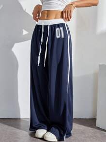 SHEIN PETITE Low-Rise Black And White Contrasting Letter Print Trousers - Navy Blue - View 5