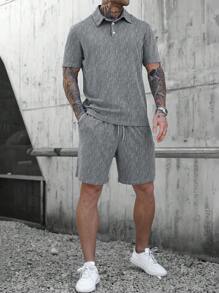Manfinity Homme Men's Casual Short Sleeve Polo Shirt And Drawstring Waist Pocket Shorts Set,Men's Turn-Down Collar Casual Short Sleeve T-Shirt And Shorts 2pcs/Set - Grey - View 6