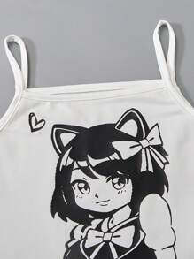 3pcs Tween Girl Street Style Set: Cropped Mesh Short Sleeve Top, Anime Character Print Tank Top & Denim Effect Pants - Black and White - View 4