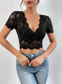 SHEIN Frenchy 扇形边饰短款蕾丝紧身黑色上衣，西部风夏季派对上衣 - 黑色 - 查看 7