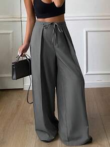 DAZY Women Plain Pleated Wide Leg Pants With Belt, Casual Commute Summer Trousers Business Attire - Grey - View 7