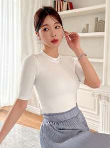 Women's Casual Versatile Solid Color Mid-Sleeve T-Shirt - White - View 6