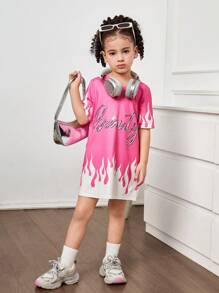 Young Girl Fitted Knit Dress With Letter Pattern, Round Neck - Red - View 6