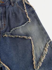 SHEIN Teen Girls Y2K Star Denim Effect Capri Boyfriend Low Rise Jeans Shorts, Casual & Fashionable For Everyday Wear,School,Streetwear,Girls Spring Summer Outfits - Medium Wash - View 4