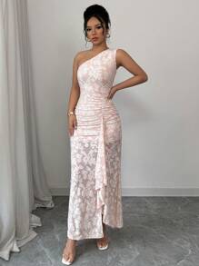 Elenzga Vestido elegante y romántico con hombro oblicuo con textura y volantes en el bajo - Rosa - Ver 3