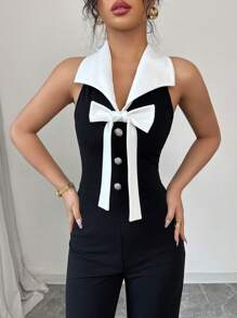 Elenzga 撞色蝴蝶结无袖腰部合身优雅浪漫女式连体裤