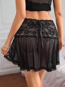 FairyFlirt Pantalón de pijama transparente de encaje delicado en estilo de princesa encantadora para mujer
