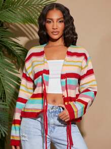 SHEIN SXY Women's Casual Colorblock Striped Tie Front Lightweight Cardigan - Multicolor - View 3