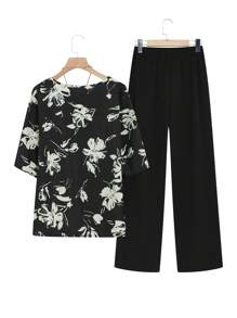 EMERY ROSE 2 件套女士花卉印花圆领短袖上衣和裤子，休闲套装