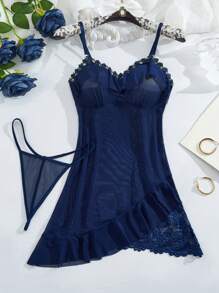 Spicy Aura 2Pcs Women Sexy Mesh Nightgown (Bra-Free, G-String) Set - Navy Blue - View 7