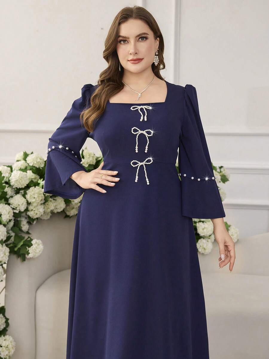 Modelyn Plus Size Long Sleeve Solid Color Bowknot Faux Pearl Decor Arabian Dress - Navy Blue - View 1