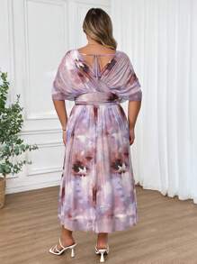 SHEIN CURVE+ Vestido largo con estampado floral elegante de manga de murciélago para tallas grandes, primavera/verano