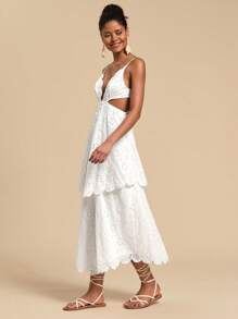 Travachic Solid Color Woven Eyelet Embroidery Waisted Hollow Out Strap Women Long Dress,Dresses For Women,Summer Outfits For Women - White - View 5
