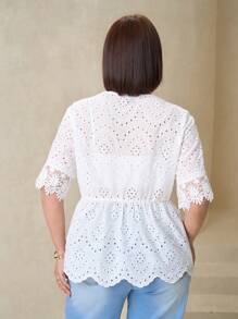 SHEIN Clasi Plus Size Women's Holiday Floral Embroidered Lace Cuffs And Collar V-Neck Short Sleeve Romantic Shirt,Concert Women,Funny Shirts,Raves,Country Concert,Beach,Bohemian,Boho Women Clothing,Vacations Woman,Embroidered Top