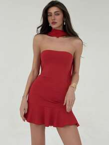 Aloruh 女士红色浪漫情人节蝴蝶结紧身迷你连衣裙 - 紅色 - 查看 5