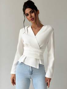Firerie 女士优雅简约基本款 V 领不对称下摆收腰长袖白色衬衫，适合日常通勤，秋冬季 - 白色 - 查看 3