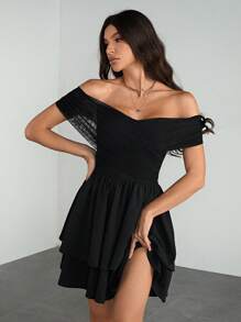 SHEIN Tall 女士黑色纯色单肩交叉领腰部 A 形下摆迷你连衣裙时尚优雅 Y2K 适合约会、外出和夏季旅行 - 黑色 - 查看 6